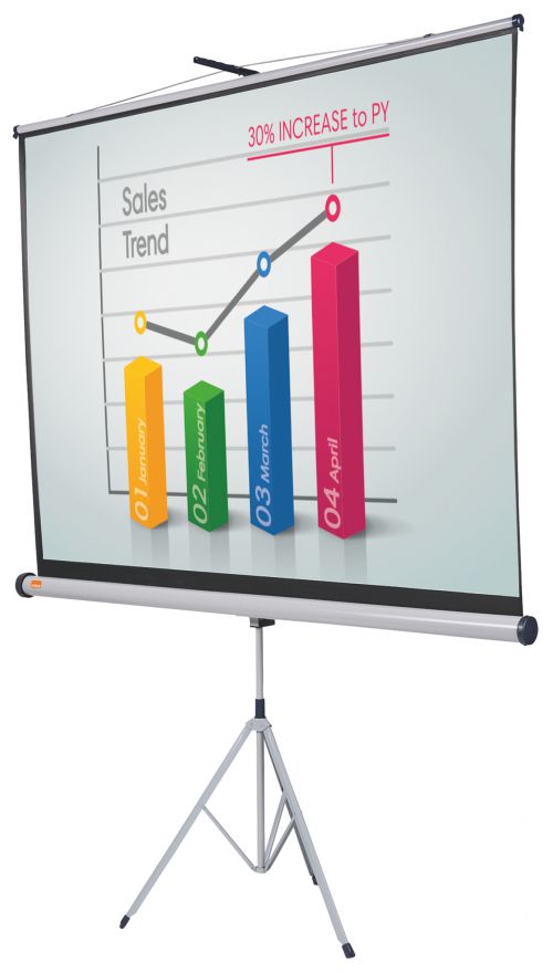 Flexible tripod projector screens. The brilliant matt white surface with black border provides a sharp, detailed image that can be easily viewed by everyone in the audience. The screen can be easily retracted into its housing to protect from damage. 1750x1325mm.
