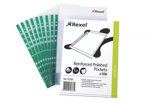 Rexel CKP/A4 Pocket Reinforced Green Strip Top-opening A4 Glass Clear 12265 [Pack 100]