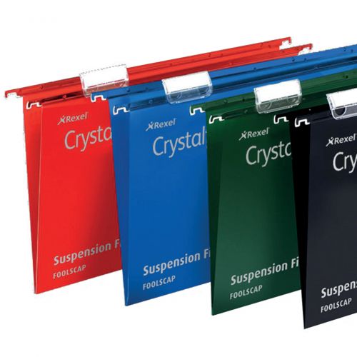 28298AC | The UK's best selling suspension files since 1945. Made from tough polypropylene which typically lasts up to 5 times longer than manila. A wipe clean satin finish and matching coloured steel runners for colour coded filing. They are supplied complete with snap proof Crystal Tabs and unique printable inserts for easy referencing. Suitable for filing cabinets, desk drawer chassis and desk top organisers with rails 387mm apart. This Foolscap large capacity hanging file has a 50mm base, which holds up to 500 A4 sheets (80 gsm). The file dimensions are 387 x 240mm, runner length 407mm to allows for easy access to frequently used documents. Available in Green, Blue, Red or Black, with 15mm, 30mm or 50mm base widths and a A4 or Foolscap size option.