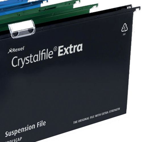 28298AC - Rexel Crystalfile Extra Foolscap Suspension File Polypropylene 50mm Green (Pack 25) 3000112
