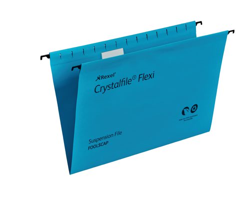 Rexel Foolscap Suspension Files with Tabs and Inserts for Filing Cabinets, 15mm V-base, Manilla, Blue, Crystalfile Flexifile, Pack of 50