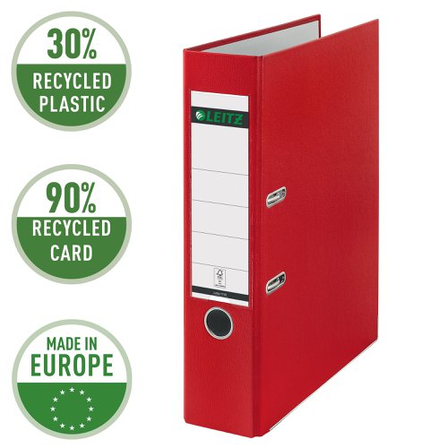 Leitz 180° Lever Arch files are high quality files for professional office users. Durable materials and 180° mechanism ensure good performance and efficiency. The Leitz 180° mechanism is unique and opens to a full 180°, providing you with a 50% wider opening and the opportunity to file from both sides. This saves 20% of your time filing as you do not have to remove papers to insert an extra sheet. The mechanism has been tested 12,000 times and will always align. These lever arch files also hold up to 600 sheets of paper, 100 more than standard files so less space is needed and are designed to hold foolscap size documents. Made from heavyweight 100% recycled board covered in wipeclean polypropylene with thumbhole, rado rings and metal shoes for secure storage and user-friendly handling. Available in a wide variety of colours to cover all requirements, match to your company logo or home office design. Pack of 10 files is supplied.