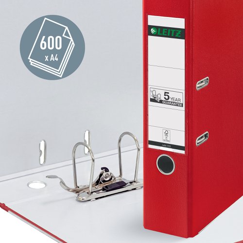 Leitz 180° Lever Arch files are high quality files for professional office users. Durable materials and 180° mechanism ensure good performance and efficiency. The Leitz 180° mechanism is unique and opens to a full 180°, providing you with a 50% wider opening and the opportunity to file from both sides. This saves 20% of your time filing as you do not have to remove papers to insert an extra sheet. The mechanism has been tested 12,000 times and will always align. These lever arch files also hold up to 600 sheets of paper, 100 more than standard files so less space is needed and are designed to hold foolscap size documents. Made from heavyweight 100% recycled board covered in wipeclean polypropylene with thumbhole, rado rings and metal shoes for secure storage and user-friendly handling. Available in a wide variety of colours to cover all requirements, match to your company logo or home office design. Pack of 10 files is supplied.