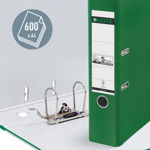 Leitz 180° Lever Arch files are high quality files for professional office users. Durable materials and 180° mechanism ensure good performance and efficiency. The Leitz 180° mechanism is unique and opens to a full 180°, providing you with a 50% wider opening and the opportunity to file from both sides. This saves 20% of your time filing as you do not have to remove papers to insert an extra sheet. The mechanism has been tested 12,000 times and will always align. These lever arch files also hold up to 600 sheets of paper, 100 more than standard files so less space is needed and are designed to hold foolscap size documents. Made from heavyweight 100% recycled board covered in wipeclean polypropylene with thumbhole, rado rings and metal shoes for secure storage and user-friendly handling. Available in a wide variety of colours to cover all requirements, match to your company logo or home office design. Pack of 10 files is supplied.