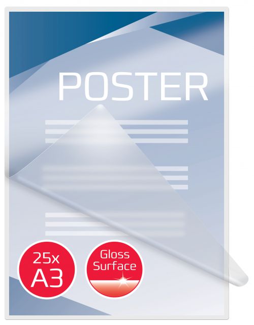 Laminating pouches are a convenient, everyday solution to protect and enhance valuable presentation pages, reference lists, product sheets, notices, photographs and certificates.125 Micron Gloss.A3 format.Pack size: 25.