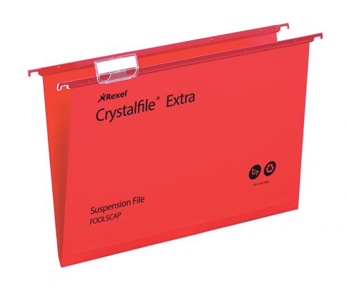 Rexel Foolscap Heavy Duty Suspension Files with Tabs and Inserts for Filing Cabinets, 15mm base, Polypropylene, Red, Crystalfile Extra, Pack of 25