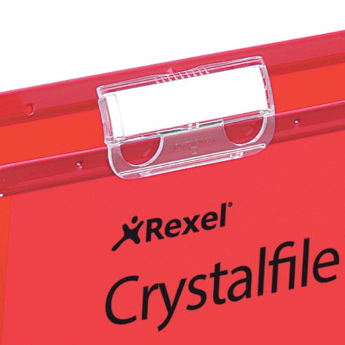 These Crystalfile Extra foolscap suspension files have a 15mm capacity with the ability to hold up to 150 sheets of 80gsm paper. Made from high quality polypropylene that is five times stronger than manilla, the smart satin surface can be wiped clean and keeps the contents safe and secure. Supplied complete with tabs and printable inserts, the files also have matching coloured runners, ideal for colour coded filing systems. This pack contains 25 red files.