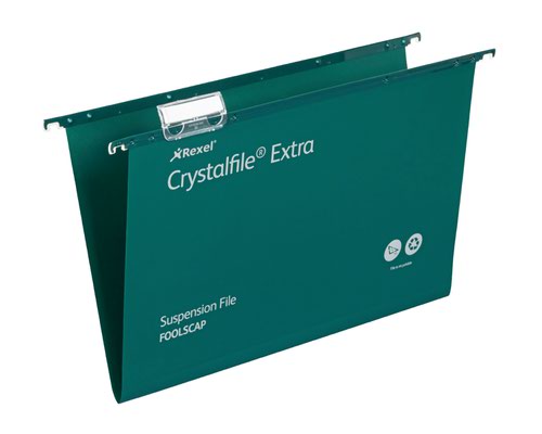 Rexel Crystalfile Extra Foolscap Suspension File Polypropylene 15mm V Base Green (Pack 25) 70628 28249AC