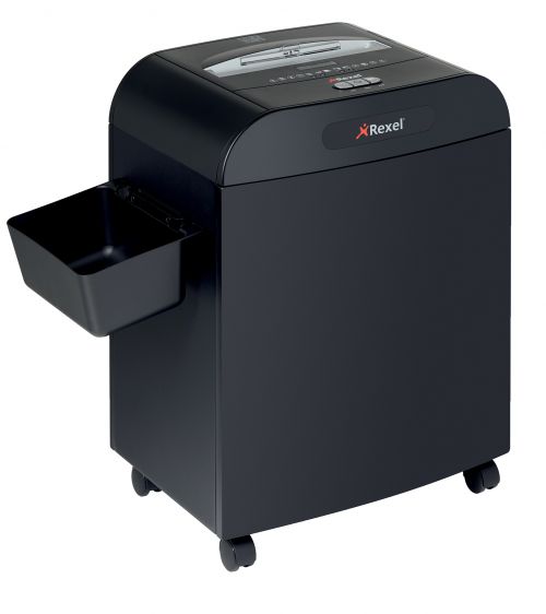 Protect your confidential and valuable information from being stolen by shredding any documents that may put your business at risk from identity fraud. The Rexel Mercury RDX1850 departmental shredder is perfect for a shared office of 10-20 users and has an S3 security level which means that it shreds paper into unreadable confetti style particles (sized 4 x 45mm) making it ideal for sensitive data. Paper jams in a shredder are time consuming, frustrating, messy and sometimes costly. With the RDX1850 shredder, paper jams are a thing of the past. Featuring the revolutionary Mercury jam free technology, the RDX1850 has a unique brightly lit indicator next to the paper entry feeder that warns you whether you are trying to feed too much paper into the shredder in one go. A red light indicates too much paper and the green light means there is no risk of jamming. The RDX1850 is an ultra-quiet shredder that can shred up to 19 sheets of 70gsm paper in a continuous single feed as well as CD’s, credit cards, paperclips and staples. Specifically designed for the bulk shredding, it features a pull-out frame for 50 litre waste sacks that holds up to 450 sheets of 70gsm paper. The front opening waste compartment enables simple and mess free emptying and the shredder cuts off automatically when the sack is full. This shredder goes into power saving mode after 2 minutes of non use which reduces any unnecessary power usage making it an ideal choice for the environmentally friendly office. With a clear, easy to use LED control panel, castors for easy manoeuvring around the office and storage pockets inside the door for waste sacks and oil sheets, the stylish RDX1850 is a practical choice for a busy office environment.Conforms to DIN level P-3* Using 70gsm weight paper