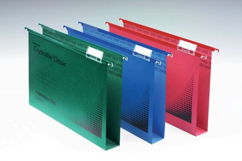 28116AC | The UK's best selling suspension files since 1945. Rexel Crystalfile Classic Suspension Files are made from 100% recycled premium manila with contrasting steel bars. They are supplied complete with snap proof Crystal Tabs and unique printable inserts for easy referencing. Suitable for filing cabinets, desk drawer chassis and desk top organisers with rails 407mm apart. This Foolscap Mid-range capacity hanging file has a 30mm base, which holds up to 300 A4 sheets (80 gsm). The file dimensions are 387 x 240mm, runner length 407mm to allows for easy access to frequently used documents. Available in Green, Blue, Red or Black, with 15mm, 30mm or 50mm base widths and a A4 or Foolscap size option.