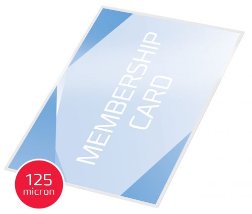 A range of sizes and laminate weights specifically designed for applications including publicity material, visitor information, identity cards and licences. 60x99mm. 125 Micron Gloss. Pack size: 100.
