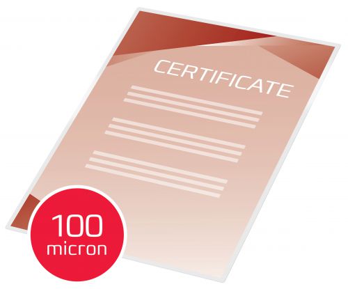 Laminating pouches are a convenient, everyday solution to protect and enhance valuable presentation pages, reference lists, product sheets, notices, photographs and certificates. 100 Micron Gloss. A4 format.  Pack size:100.