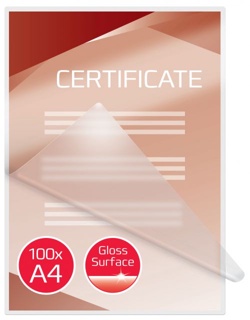 Laminating pouches are a convenient, everyday solution to protect and enhance valuable presentation pages, reference lists, product sheets, notices, photographs and certificates. 100 Micron Gloss. A4 format.  Pack size:100.
