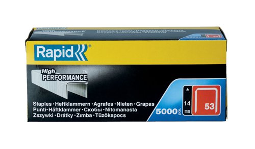 Rapid No. 53 precision cut fine wire staples are made from high-performance galvanised steel for strength and durability. The fine wire makes the fixed staple almost invisible, ideal for fabrics, decoration, small construction and light repair.Box of 5000 Rapid 53/14B 14mm Galvanised Staples.For use with the Rapid R253, R453, Compacta, R353, MS853, Alu 753, ESN530, R553, Hobby Electric and PS6-16 tackers.