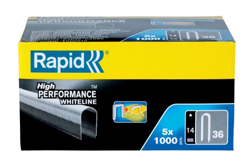 Rapid No. 36 precision cut, high-performance steel flat wire cable staples with rounded crown designed for securing low voltage cables up to a maximum of 6mm in diameter. The staples are made from strong galvanised wire with diverging points (DP), which makes the leg points go in opposite directions for extra strong bonding.For use with the Rapid R36 Cable Tacker.Size: 14mm Leg Length (divergent points).Type: White.Supplied as 5 boxes of 1,000 staples.