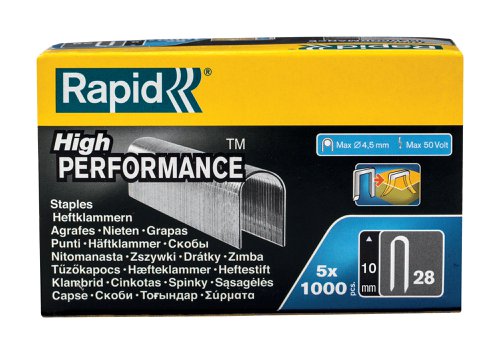 Rapid No. 28 precision cut, high performance steel flat wire cable staples with rounded crown are designed for securing low voltage cables up to a maximum of 4.5mm in diameter. They are made from high performance strong galvanised wire with diverging points (DP), which makes leg points go in opposite directions for extra strong bonding.For use with the Rapid R28 Cable Tacker.Type: 28 (white) divergent pointsSize: 10mm leg lengthQuantity: 5 x 1000