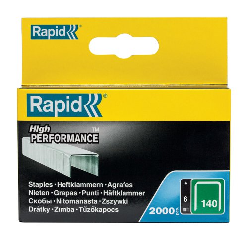 Rapid No. 140 precision cut flat wire staples are made from high-performance galvanised steel for strength and durability. Flat wire staples have a larger holding area against the material, making them ideal for thin plastic or insulation.Type: 140 (galvanised)Size: 6mm leg length.Quantity: 2,000.For use with: Rapid R14, R34, R44, R64, ALU740, ALU840, ALU940, R11, R311, E-tac, ESN114, PS111 tackers.