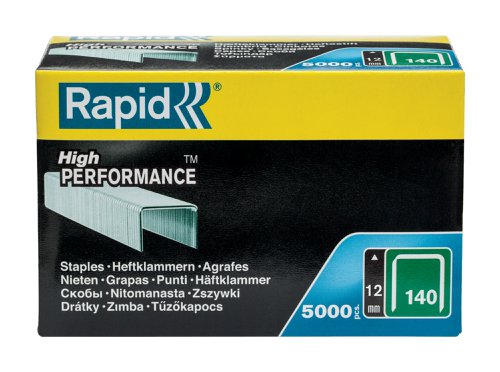 Rapid No. 140 precision cut flat wire staples are made from high-performance galvanised steel for strength and durability. Flat wire staples have a larger holding area against the material, making them ideal for thin plastic or insulation.Type: 140 (galvanised).Size: 12mm leg length.Quantity: 5,000.For use with the Rapid R44, R64, R34, MS840, Alu 740, R211, R54, E-Tac, CSN140 and ESN114 tackers.