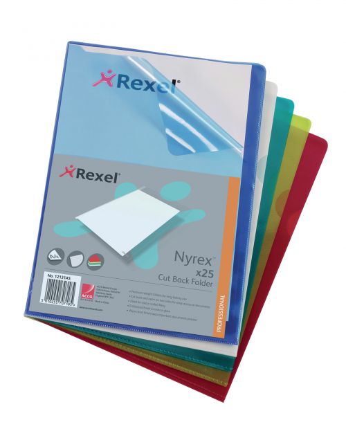 Rexel Nyrex™ Premium A4 Document Folder, Assorted Colours, Embossed, 100mic, Cut Back, L-Folder, Pack of 25 - Outer carton of 4