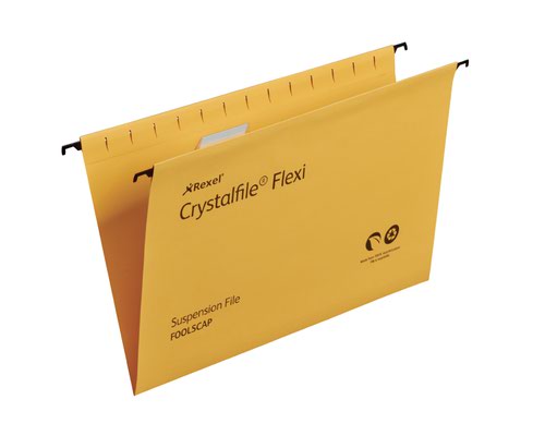 Rexel Foolscap Suspension Files with Tabs and Inserts for Filing Cabinets, 15mm V-base, Manilla, Yellow, Crystalfile Flexifile, Pack of 50
