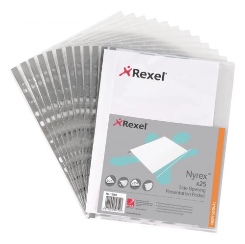 Rexel Nyrex Reinforced Multi Punched Pocket Polypropylene A4 90 Micron Side Opening Grey Spine Glass Clear (Pack 25) 12203