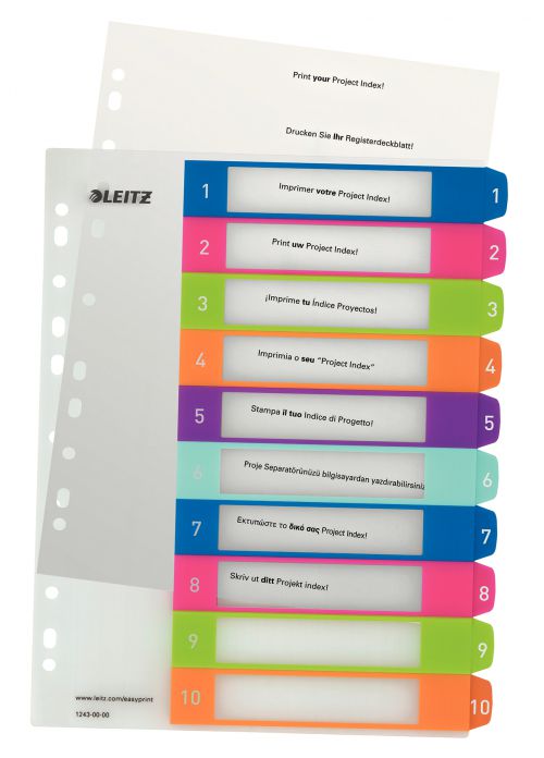 Leitz WOW Printable Index Polypropylene A4+ 1-10 Numerical Tabs Mult-punched Extra Wide - Outer carton of 10