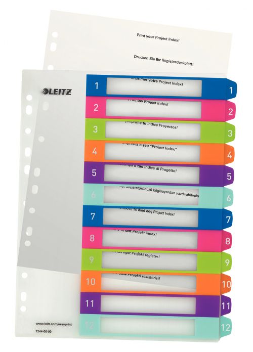 Leitz WOW Printable Index Polypropylene A4+ 1-12 Numerical Tabs Mult-punched Extra Wide - Outer carton of 10