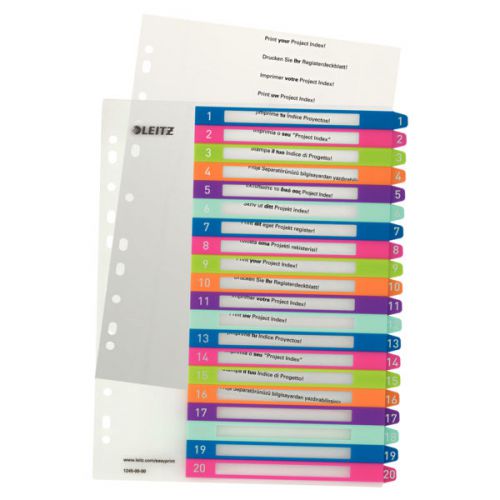 Leitz WOW Printable Index, Polypropylene, extra wide 1-20 premium numerical tabs. A4 Maxi. Multicolour. - Outer carton of 6