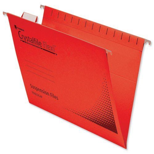 Rexel Foolscap Suspension Files with Tabs and Inserts for Filing Cabinets, 15mm V-base, Manilla, Red, Crystalfile Flexifile, Pack of 50