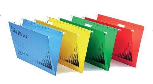 Bring some colour into your organisation with this eye-catching Crystalfile Flexi suspension file. With a 15mm classic V-shape design they can hold up to 150 sheets of foolscap paper. A reinforced base provides strength and durability, and pre-cut tab locators make for easy tab positioning across the file. The bright red colour is perfect for a colour coded filing system. This pack of 50 files is supplied complete with Flexi tabs and inserts.