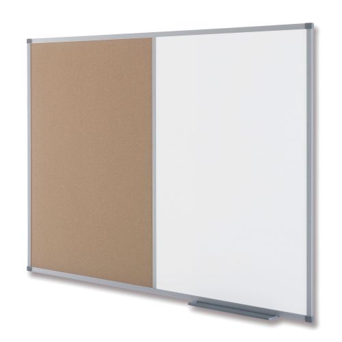 24980AC | Classic format combination cork/painted steel noticeboard, boarded with a high quality anodised aluminium frame and self-healing cork surface to pin and display your notices. Through corner mounting fixtures included. Size 1200x900mm.
