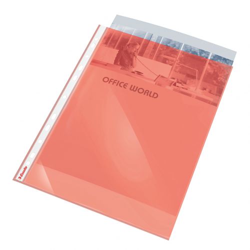 Esselte Quality Multipunched Pockets A4 Copy Safe Open Top Red Pack 10 Punched Pockets PF1205