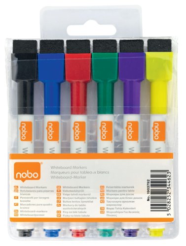 32896J - Nobo 1903792 Assorted Colour Mini Whiteboard Pen with Magnetic Eraser Cap Pack of 6