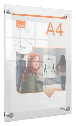 This wall mounted acrylic, A4, poster display frame with a modern frameless design has a stylish and contemporary feel. The seamless acrylic poster frame with sturdy corner fixings allows quick and simple content exchange in a portrait or landscape format whilst protecting your documents and pictures. The strong acrylic surface can be easily wiped clean making this sign holder the ideal solution for the display of temporary or permanent signs, documents, posters, awards or information. Display area size A4.
