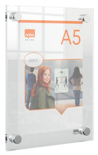 This wall mounted acrylic, A5, poster display frame with a modern frameless design has a stylish and contemporary feel. The seamless acrylic poster frame with sturdy corner fixings allows quick and simple content exchange, in a portrait or landscape format whilst protecting your documents and pictures. The strong acrylic surface can be easily wiped clean making this sign holder the ideal solution for the display of temporary or permanent signs, documents, posters, awards or information. Display area size A5.