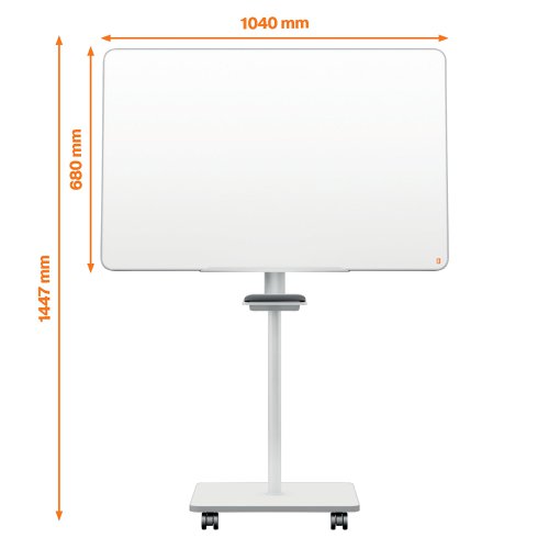 22189AC | The Nobo Move & Meet Mobile Flipchart Easel with magnetic whiteboard surface, is the ideal portable collaboration tool which can be easily configured to meet your professional needs. The brainstorming and training easel board is ideal for team meetings and has a removable double sided magnetic whiteboard, with dry wipe/erase surface and a contemporary curved corner design that can be used on a desktop or mounted on the easel stand in a portrait or landscape format. Use this versatile easel in a standing or sitting position, with simple height adjustment, lockable castors for additional stability and extending arms creating an extended display area - makes it the perfect tool for any collaborative office space, helping teams to create and share ideas.  Includes a whiteboard pen and integrated removable whiteboard accessory tray. Nobo Move & Meet Mobile Magnetic Flipchart Easel – 680 x 1040 mm. Double sided whiteboard with contemporary curved corner design. Portable whiteboard can be used on a desktop or on the easel stand in landscape or portrait format. Simple height adjustment and easy movement between locations. Lockable castors for additional stability. Steel magnetic whiteboard surface delivering increased erasability for moderate use. Supplied with 1 x Integrated removable whiteboard accessory tray  & 1 x whiteboard pen. Whiteboard size: 680 x 1040 mm Dimensions. 15 year surface guarantee included