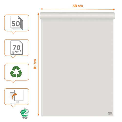 Nobo Recycled Flipchart Pad 58x81cm, Dual-Sided Plain or Gridded Paper, 50 Sheet, 70g/m², 1 Pack, Rolled