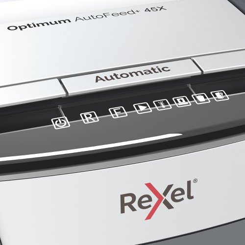 Rexel Optimum AutoFeed 45X Cross Cut Shredder 20 Litre 45 Sheet Automatic/6 Sheet Manual Black 2020045X  85779AC