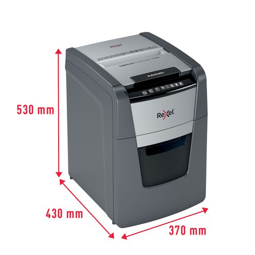 Rexel Optimum AutoFeed+ 100M micro-cut shredder automatically shreds up to 100x A4 sheets of paper (80gsm) at a time, into P-5 (2x15mm) micro-cut pieces. Featuring a 34L, pull out bin and AutoFeed function which feeds the paper, removing the necessity to manually feed or remove staples and paper clips. With a touch control panel for ease of use. 20 GBP /Euro Cashback Claim at www.cashback.officerewards.eu