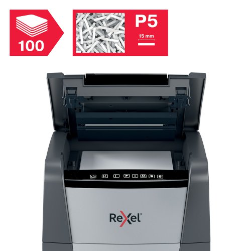 Rexel Optimum AutoFeed Plus 100M Micro Cut Shredder 34 Litre 100 Sheet Automatic/6 Sheet Manual Black 2020100M ACCO Brands