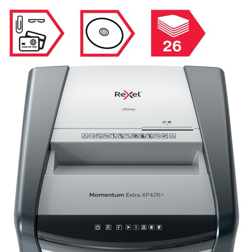 55423AC | The Rexel Momentum Extra XP426+ jam free paper shredder is ideal for destroying confidential documents in the office. The cross cut shredding machine shreds up to 26 sheets of A4 paper (80gsm) in one go through the manual feed slot into P4 security level (4 x 40mm) cross cut pieces. Active sensing technology measures the number of sheets being fed in real-time to stop paper jams and mis-feeds; indicated by a red LED on the control panel. This cross cut paper shredder will not operate until the number of sheets is reduced below or at the maximum sheet capacity. The Rexel office shredder is designed for moderate to heavy use with its high sheet capacity, large 120L bin size and continuous run time. It features a touch control panel, infra red sensing technology to alert you when the bin is full, and a 55 dBA ultra-quiet noise level.