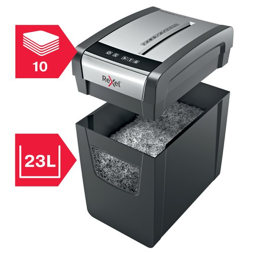 Rexel Momentum X410-SL Slimline Paper Shredder shreds up to 10 sheets in one go, with a 6 minute continuous run time and a slimmer design making it ideal for home use. The Slim X410-SL comes with anti jam technology to guarantee uninterrupted shredding. With P-4 security which cross-cuts 4 x 28 mm pieces, the shredder is quiet, with simple, intuitive, touch control buttons for easy operation and a generous 23 Litre bin capacity (225 A4 sheets). 10 GBP / Euro Cashback Claim at www.cashback.officerewards.eu
