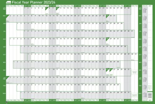 Sasco 2023/24 Fiscal Year Wall Planner with wet wipe Pen & sticker pack; Board Mounted; 915W x 610mmH - (1 Pack of 10)