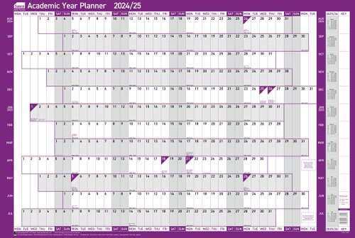 Sasco 2024/25 Academic Year Wall Planner with wet wipe pen & sticker pack, Purple, Board Mounted, 915mmW x 610mmH  - Outer Carton of 10
