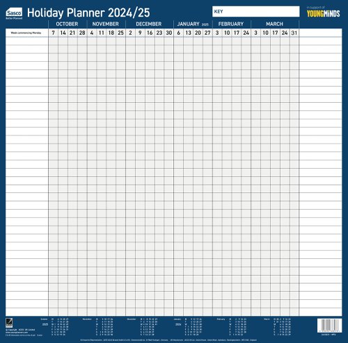 Sasco 2024/25 Fiscal Holiday Year Wall Planner with wet wipe pen & sticker pack, Blue, Double Sided Poster Style, 412mmW x 416Hmm - Outer Carton of 10
