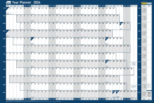Sasco 2024 Original Year Wall Planner with wet wipe pen & sticker pack, Blue, Poster Style, 915mmW x 610mmH  - Outer Carton of 10