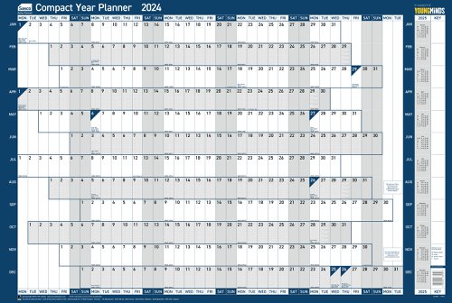Sasco 2024 Compact Year Wall Planner Landscape with wet wipe pen & sticker pack, Blue, Poster Style, 610mmW x 405mmH  - Outer Carton of 10