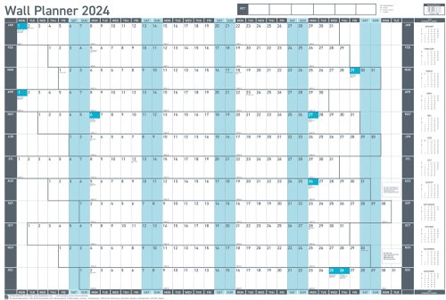 Sasco 2024 Value Year Wall Planner, Blue, Board Mounted, 915mmW x 610mmH  - Outer Carton of 10