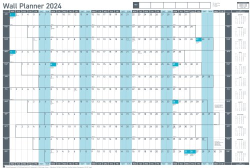 Sasco 2024 Value Year Wall Planner with wet wipe pen & sticker pack, Blue, Poster Style, 915mmW x 610mmH  - Outer Carton of 10