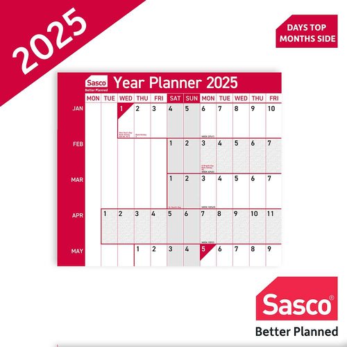 Sasco 2025 Original Year Wall Planner 915W x 610mmH With Wet Wipe Pen & Sticker Pack Unmounted - 2410239 49657AC